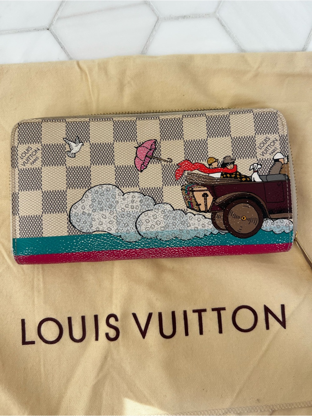 New Louis Vuitton Damier Azur Zip Wallet with Pink & Teal Trim